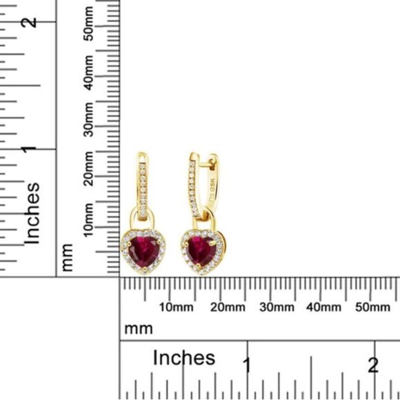 18K Yellow Gold 925 with 2.42 Cttw Red Ruby and White Sapphire Heart Earrings